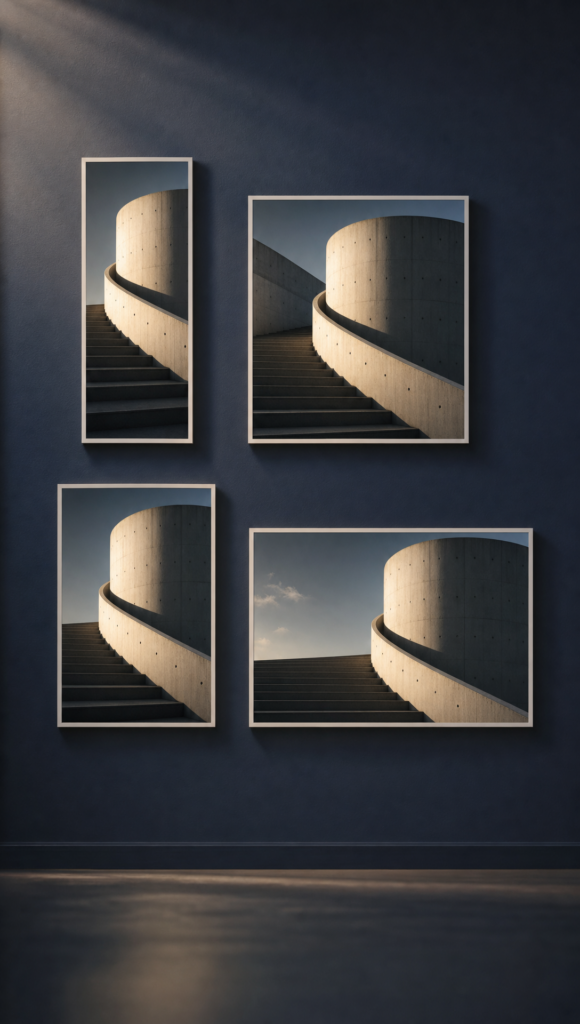 The same video frame reframed into four social aspect ratios — 9:16, 1:1, 4:5, and 16:9 — arranged in a grid on a studio wall.