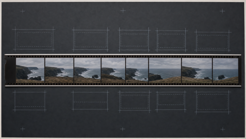 A film strip with crop guides marking different framing windows over the same shot, showing how one master adapts across formats.